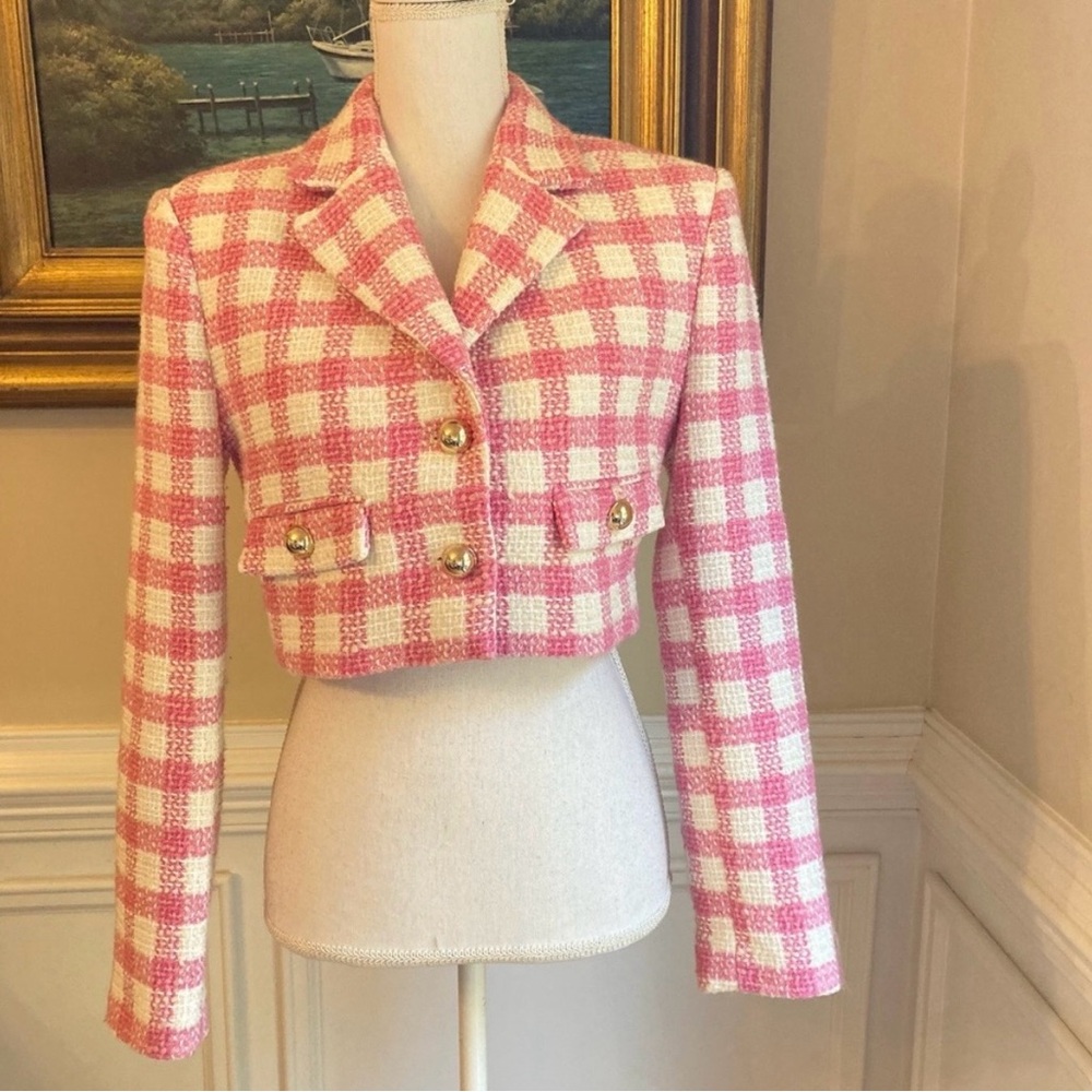 MANGO Pink White Plaid Check Tweed Cropped Blazer Jacket. - Picture 4 of 16
